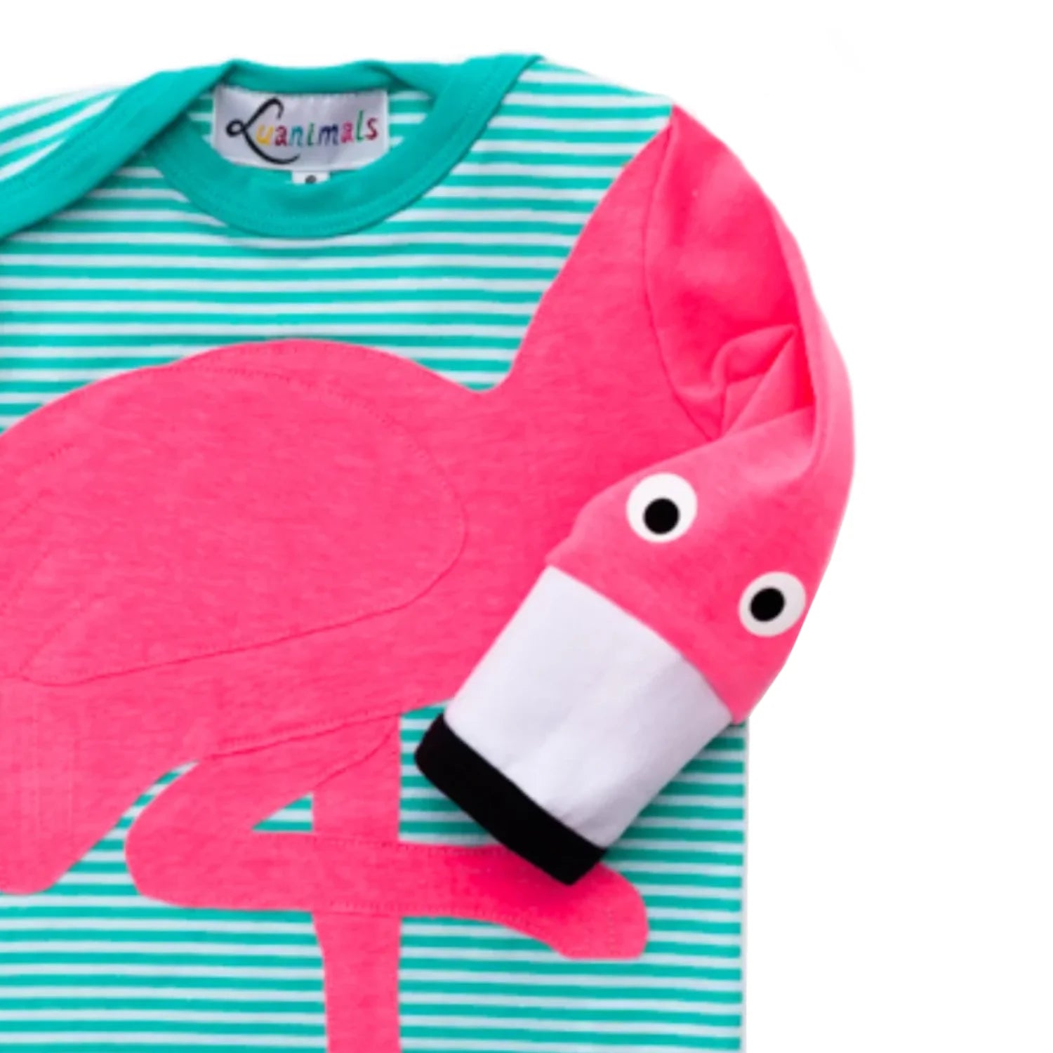 Luanimals Babybody mit Tier Motiv Flamingo Frida in türkis und weiß gestreift aus Baumwoll-Jersey
