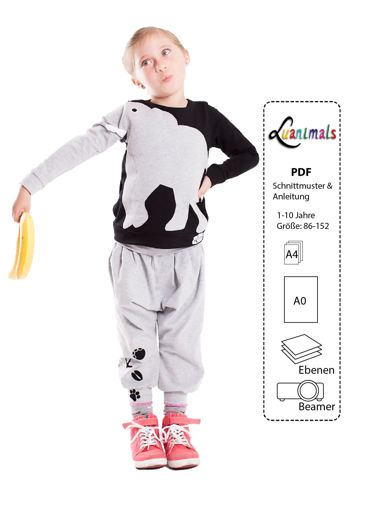 Luanimals PDF Schnittmuster mit digitalem Download für Kinder Pullover Elefant Eli