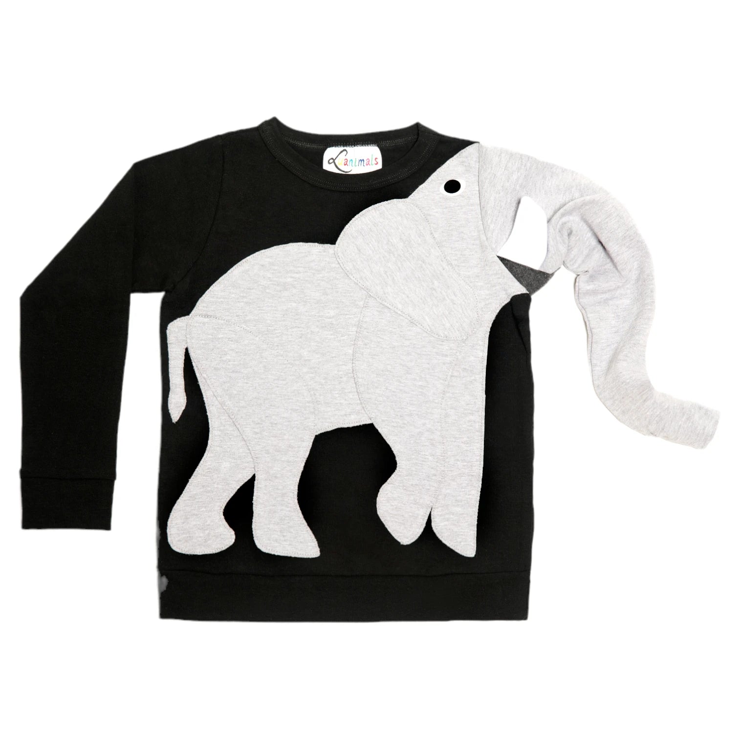 Kinder Pullover mit Tiermotiv Elefant Eli frontal in schwarz und grau aus Baumwoll-Jersey von Luanimals