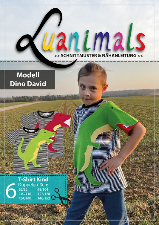 Luanimals Schnittmuster und Nähanleitung für Kinder T-Shirt Dino David in 6 Doppelgrößen