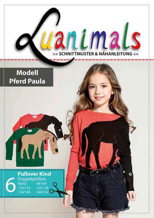 Schnittmuster mit Nähanleitung für Kinder Pullover Pferd Paula aus Baumwoll-Jersey von Luanimals