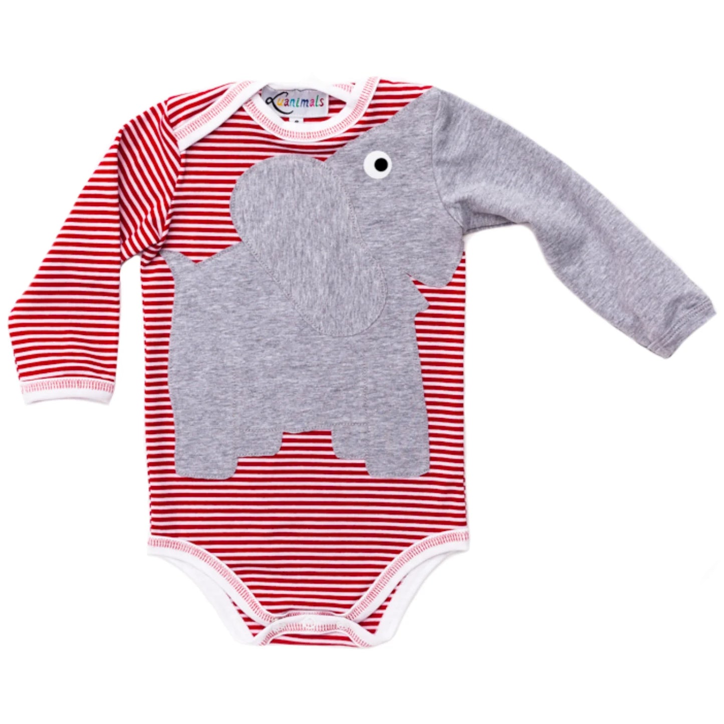 Babybody mit Tier Applikation Elefant Eli in rot und weiß gestreift mit grau aus Baumwoll-Jersey von Luanimals