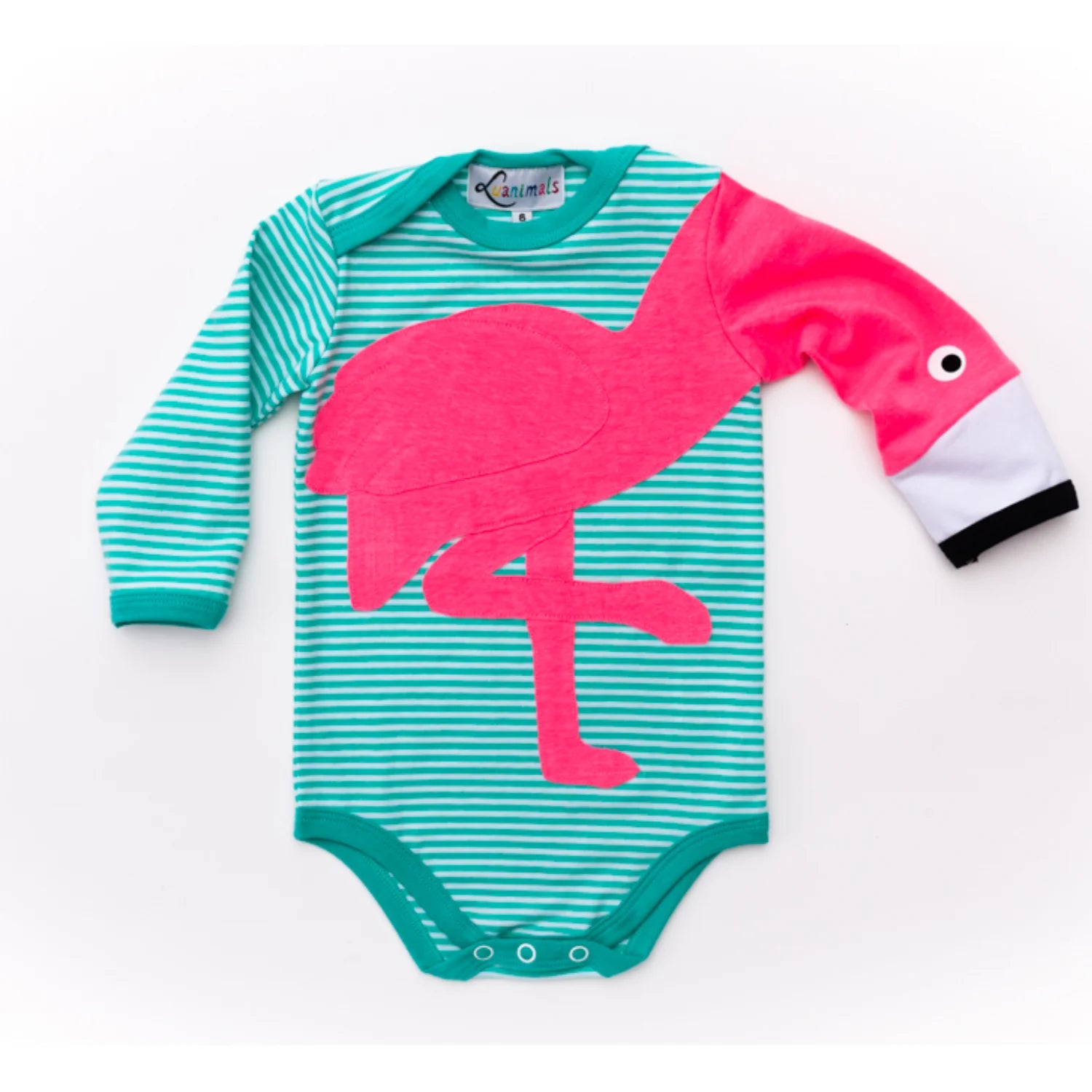 Luanimals Baby Body mit Tier Motiv Flamingo Frida in türkis und weiß gestreift aus Baumwoll-Jersey