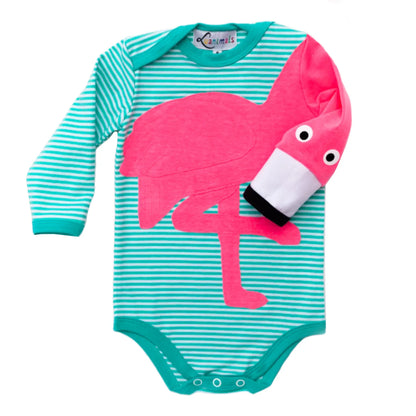 Baby Body mit Tier Motiv Flamingo Frida in türkis und weiß gestreift aus Baumwoll-Jersey von Luanimals