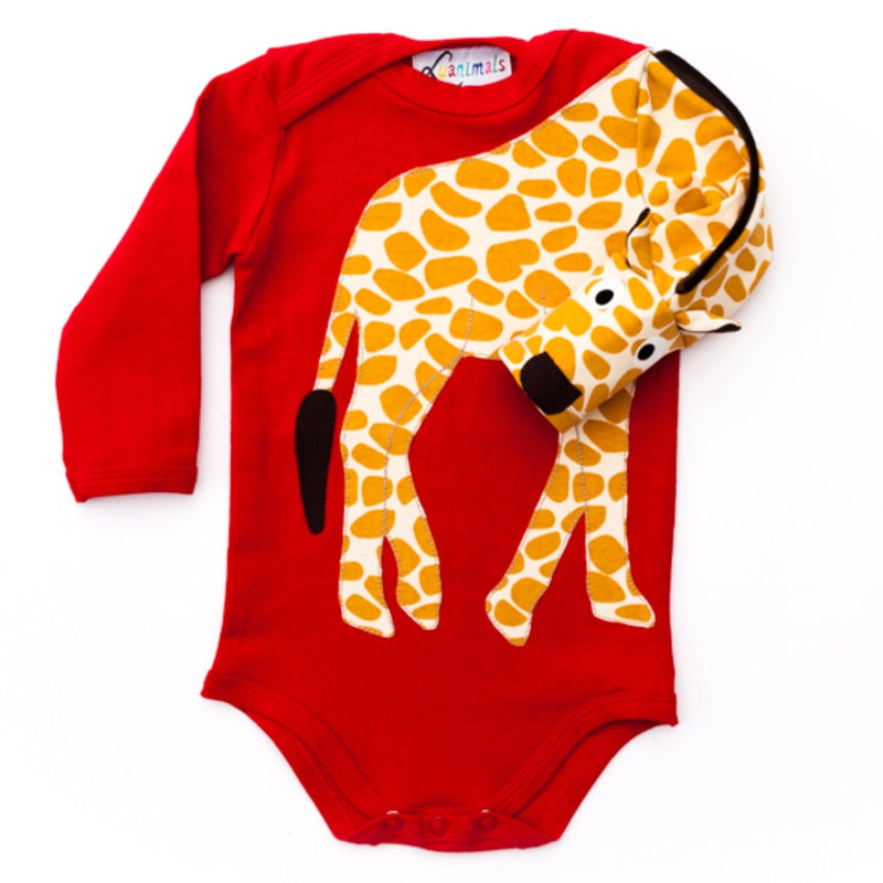 Baby Body von Luanimals mit einzigartigem Giraffen Tiermotiv als Applikation in rot aus Baumwoll-Jersey