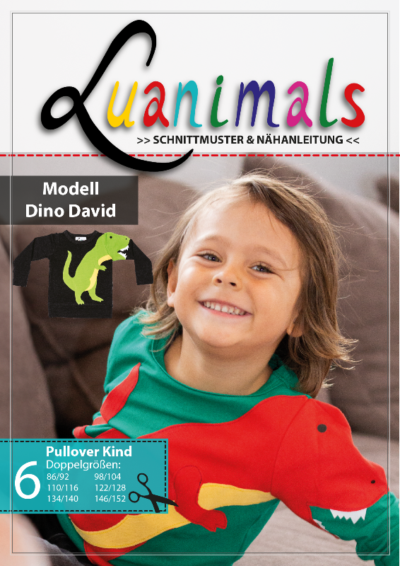 Luanimals Schnittmuster und Nähnleitung für Kinderpullover mit Tiermotiv Dino David