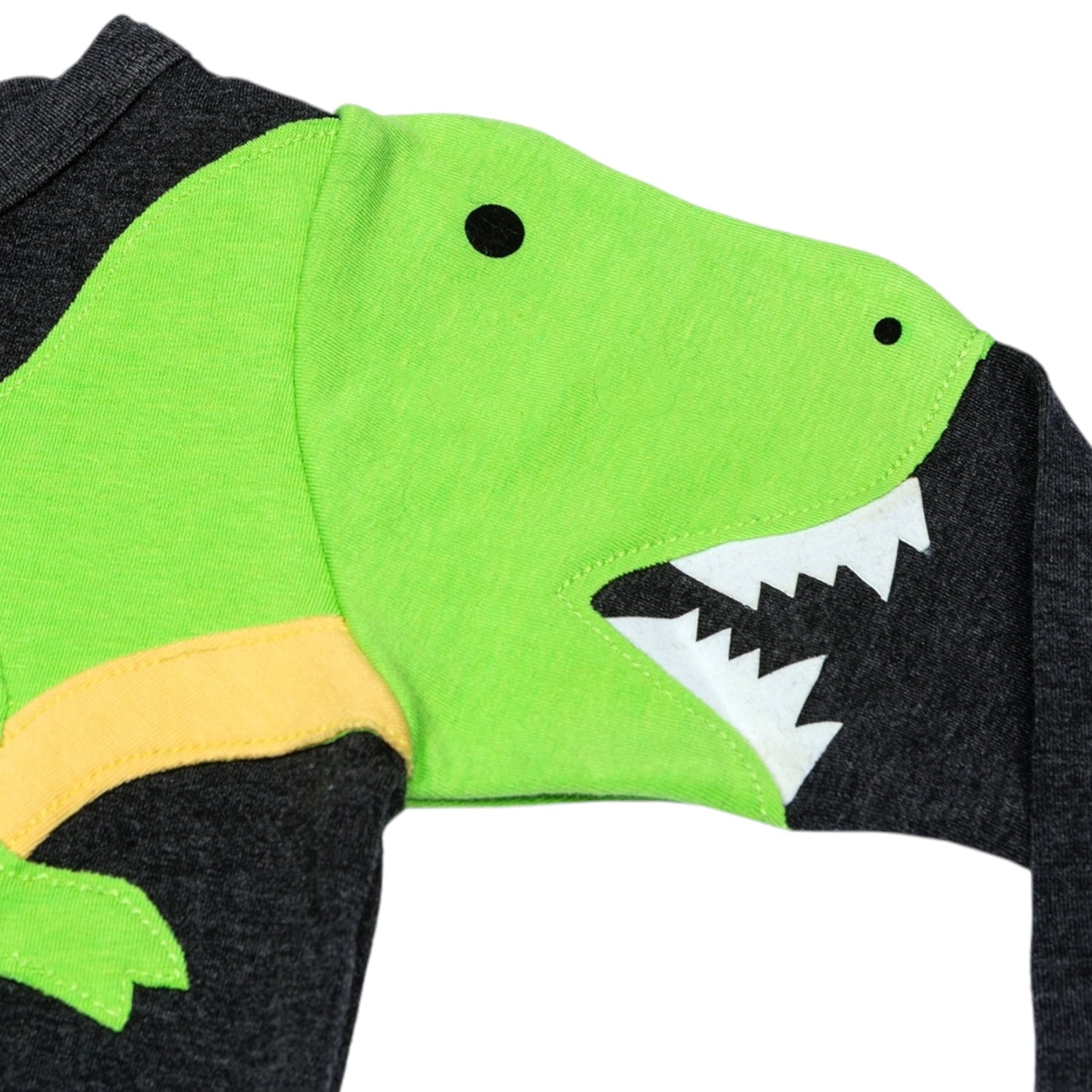 Kinderpullover mit Dinosaurier in grün und grau Detailansicht von Ärmel von Luanimals