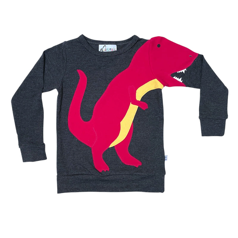 Luanimals Pullover mit Applikation Dinosaurier David in grau und rosa aus Baumwoll-Jersey