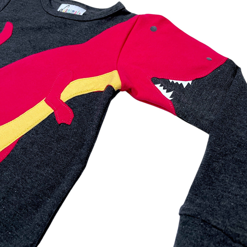 Luanimals Pullover Detailansicht von Tiermotiv Dino David für Kinder in grau pink