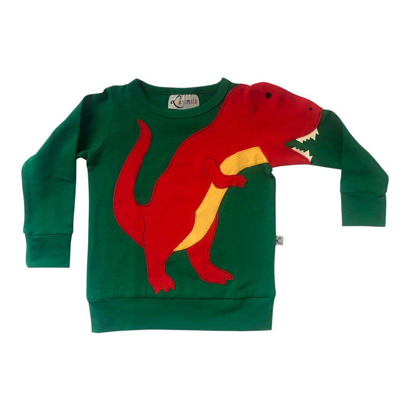 Luanimals Pullover für Kinder mit Applikation Dinosaurier David in grün und orange aus Baumwoll-Jersey
