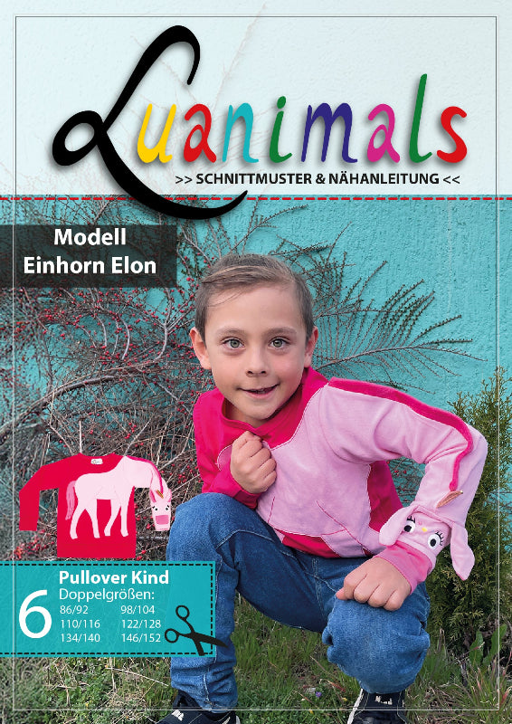 Schnittmuster mit Nähanleitung für Kinderpullover mit Tiermotiv Einhorn Elon von Luanimals 