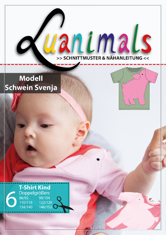Luanimals Schnittmuster mit Nähanleitung für Kinder T-Shirt mit Tiermotiv Modell Schwein Svenja in 6 Doppelgrößen