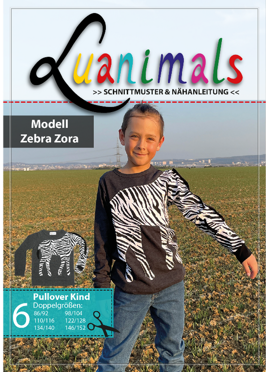 Luanimals Schnittmuster mit Nähanleitung für Kinderpullover aus Baumwoll-Jersey mit Tiermotiv Zebra Zora 