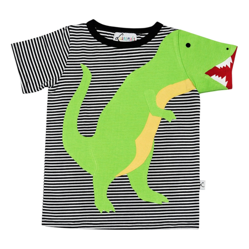 Luanimals Kinder T-Shirt mit Dino David in gestreiftem Baumwoll-Jersey mit grünem Dino