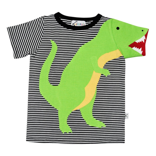 Luanimals Kinder T-Shirt mit Dino David in gestreiftem Baumwoll-Jersey mit grünem Dino