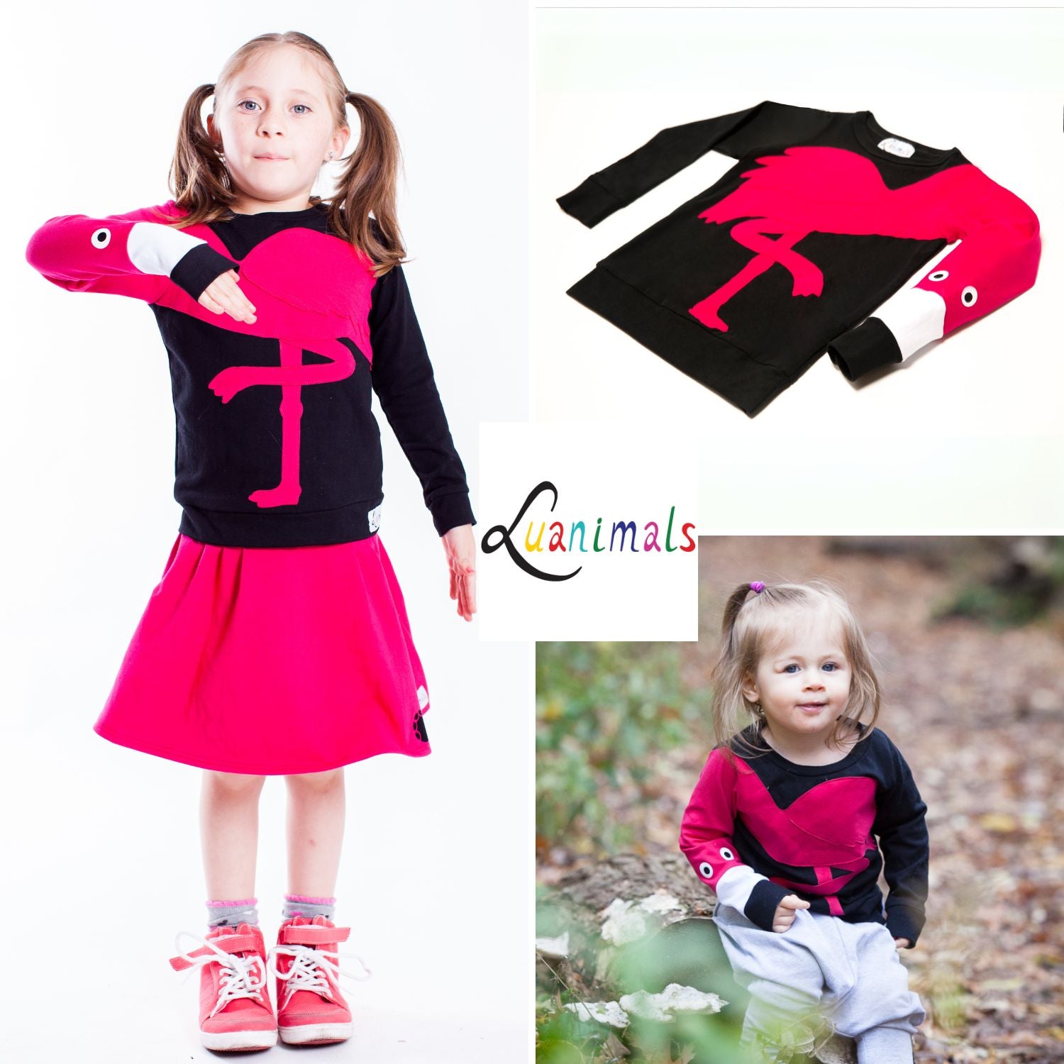 verschiedene Ansichten von Kinderpullover mit Rock mit Tiermotiv Flamingo Frida aus Baumwoll-Jersey von Luanimals