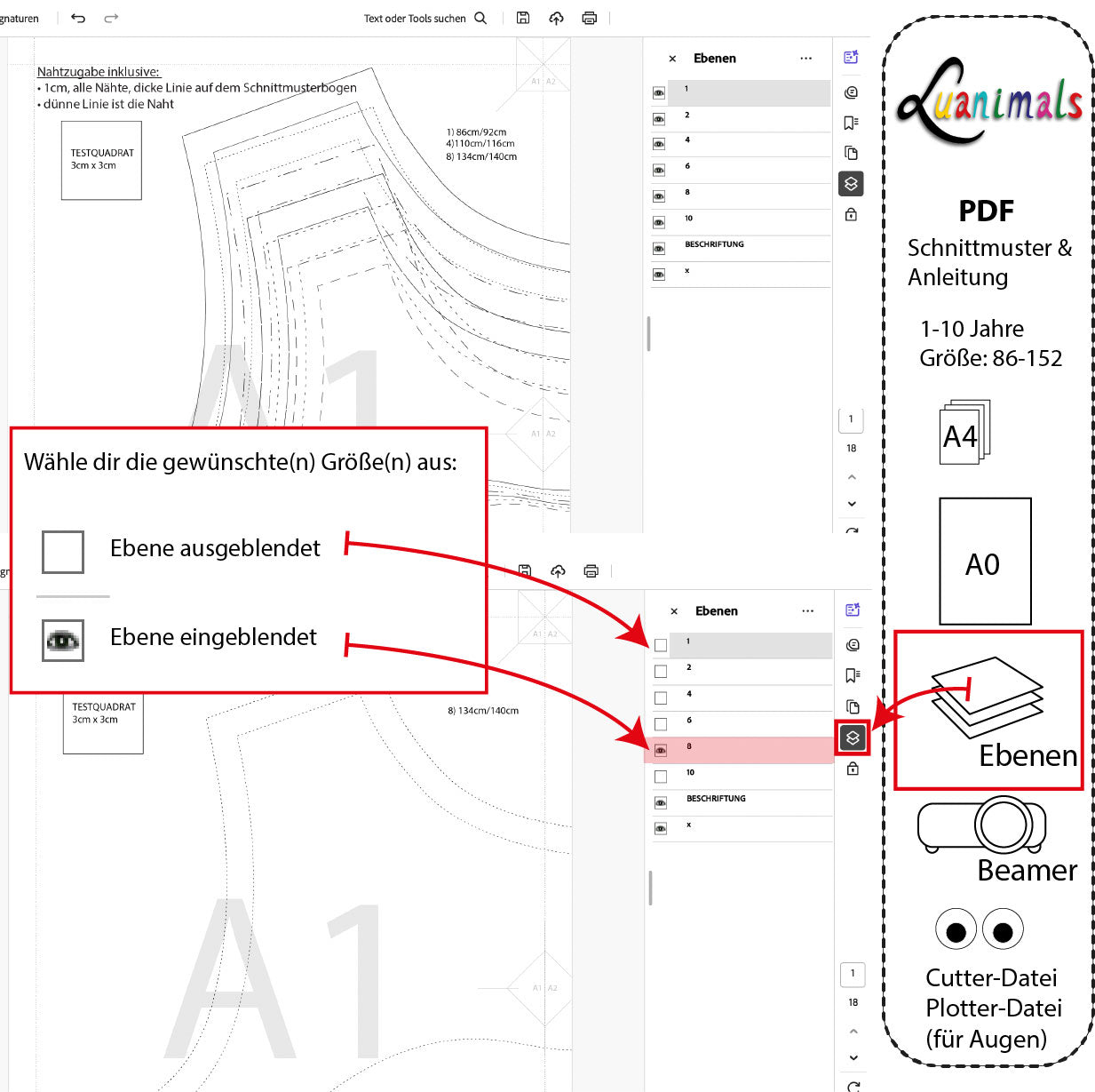 Ansicht Auswahl Ebenen und Größen bei digitaler Datei von Schnittmuster von Luanimals