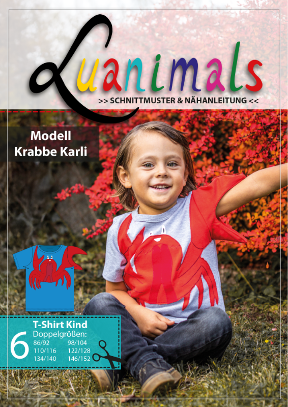 Schnittmuster für ein ausgefallenes Kindertshirt mit Krebs Karli Tiermotiv in grau blau und rot