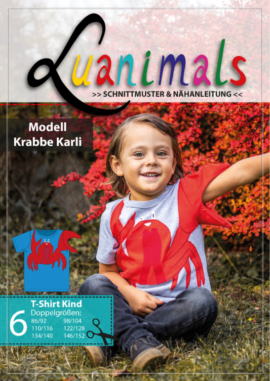 Schnittmuster für ein ausgefallenes Kindertshirt mit Krebs Karli Tiermotiv in grau blau und rot